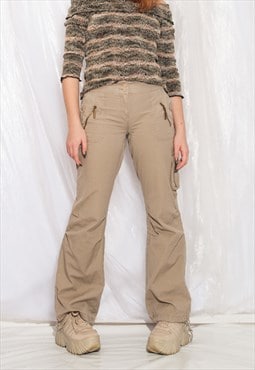 Vintage Cargo Trousers Y2K Tattoo Flare Pants in Beige