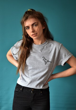 UNISEX T-SHIRT IN GREY WITH DINOSAUR EMBROIDERY