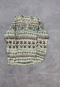 Vintage Knitted Jumper Flower Patterned 1/4 Button Knit 