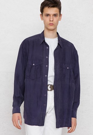 VINTAGE DARK PURPLE COMMANDER SILK LONG SLEEVE SHIRT