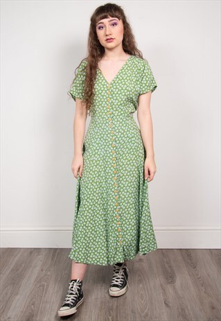 VINTAGE 90'S GREEN FLORAL PATTERN MIDI DRESS