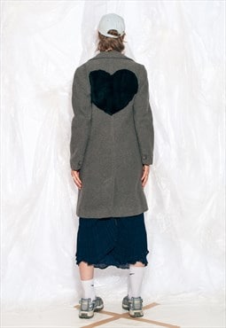 Vintage 90s Winter Coat in Grey Wool Reworked Faux Fur Heart