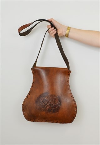 VINTAGE LEATHER SADDLE BAG BROWN LONGLINE WOVEN