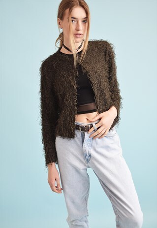 90'S RETRO FURRY FLUFFY KNIT GRUNGE TEEN CARDIGAN TOP