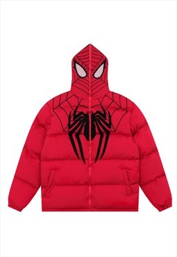 Spider patch bomber jacket hooded cartoon puffer in red