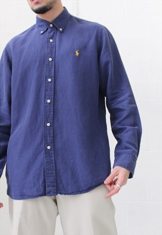 VINTAGE POLO RALPH LAUREN LINEN BLEND SHIRT IN NAVY