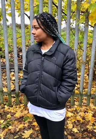 VINTAGE KAPPA BLACK ZIP THROUGH PUFFER JACKET COAT