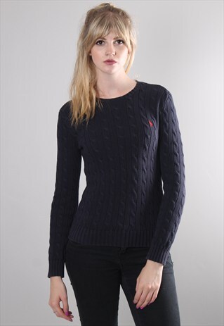 VINTAGE 90S RALPH LAUREN CABLE KNIT BLUE CREW NECK JUMPER