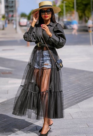 BLACK SHEER TULLE SHIRT DRESS