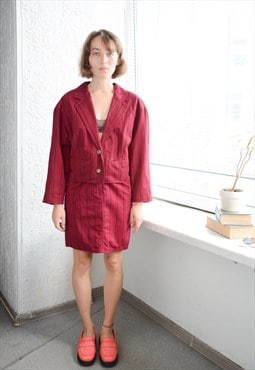 Vtg 80s Maroon Striped Cotton Jacket and Skirt Co-ordinate