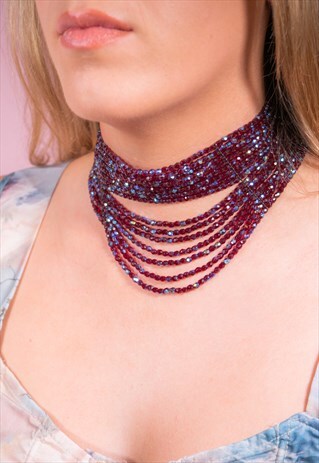 VINTAGE GOTHIC LOOK IRIDESCENT PURPLE BEADED CHOKER NECKLACE