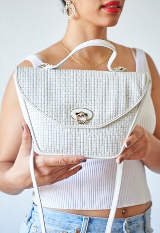 VINTAGE 80S 90S WHITE PLAITED LEATHER HANDBAG BAG