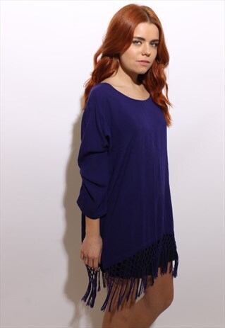 VINTAGE 1990'S 90'S PURPLE FRINGED OVERSIZE TOP DRESS M-L