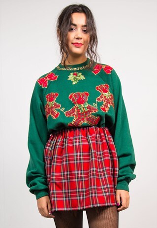 VINTAGE 90'S GREEN FESTIVE CHRISTMAS TEDDY BEAR SWEATER