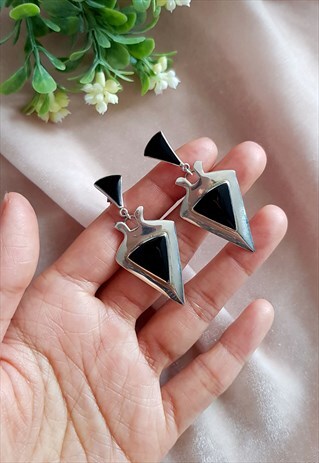 VINTAGE STERLING SILVER RETRO ONYX EARRINGS