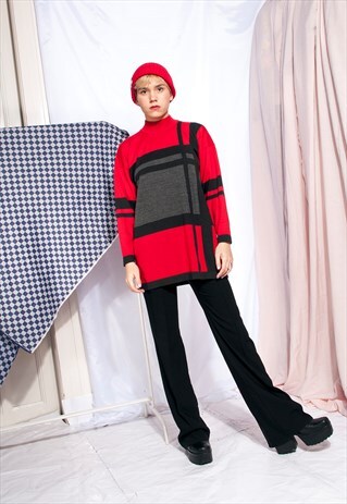 VINTAGE OP-ART KNIT JUMPER 90S GEOMETRY RED GREY SWEATER