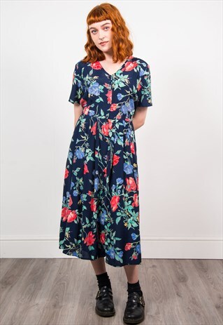 VINTAGE 90'S NAVY FLORAL MIDI DRESS