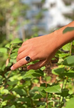 Minimalist Black Stone Circle Ring in Sterling Silver 925