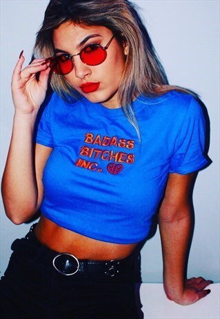 BORN RISKY BADASS BITCH ROYAL BLUE EMBROIDERED CROP TOP