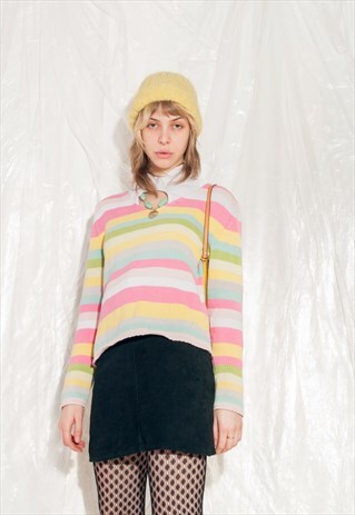 VINTAGE KNITTED JUMPER 90S STRIPED RAINBOW CANDY SWEATER