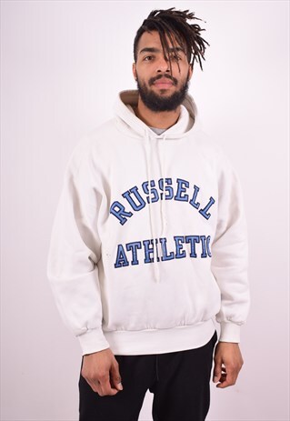 RUSSELL ATHLETIC MENS VINTAGE HOODIE JUMPER LARGE WHITE 90'S