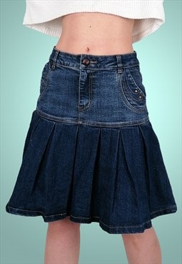 Y2K Denim Midi Skirt Fit and Flare Pleats Jeans Skirt