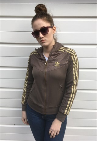 WOMENS BROWN GOLD ADIDAS ZIP UP HOODIE ZIPPER JACKET TOP