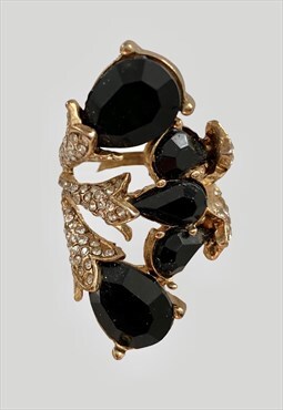80's Vintage Ladies Cocktail Ring Black Jet Stone Diamante