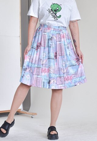 VINTAGE 80S HIGH WAIST MIDI PLEATED WATERCOLOUR SKIRT M