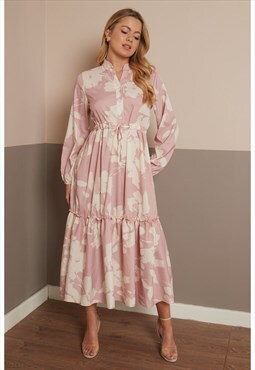 Frill Button Detail Tie Up Midi Dress In Dusty Pink