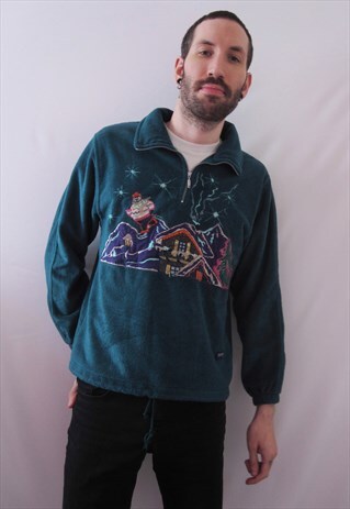 VINTAGE AESSE KITSCH BLUE GREEN POLAR FLEECE SWEATSHIRT