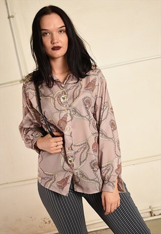 VINTAGE 90S RETRO FESTIVE SHIRT BLOUSE IN GREY