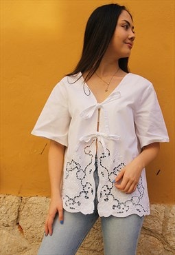 Embroidered Tie Front Blouse in White