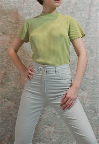 PISTACHIO GREEN MOCKNECK SILK BLEND TOP