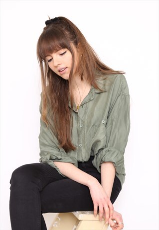 VINTAGE 90S KHAKI SILK OVERSIZED BLOUSE SHIRT