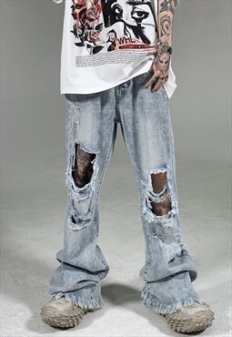 Blue Washed Distressed Cargo pants Jeans trousers 