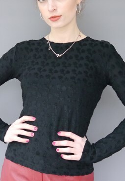 Vintage Y2K black micro mesh floral embossed long sleeve top
