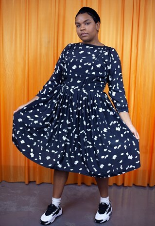 VINTAGE 80S MIDI DRESS BLACK WHITE ABSTRACT LONG SLEEVED