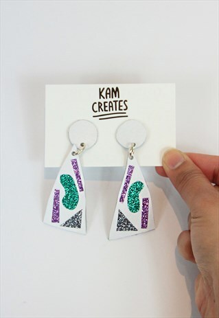 PLAYFUL SHAPES REAL LEATHER EARRINGS IN WHITE WITH GLITTER