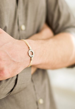SILVER HEXAGON BRACELET FOR MAN, BEIGE STRING, GIFT FOR HIM