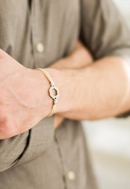 Silver Hexagon bracelet for man beige cord gift for him