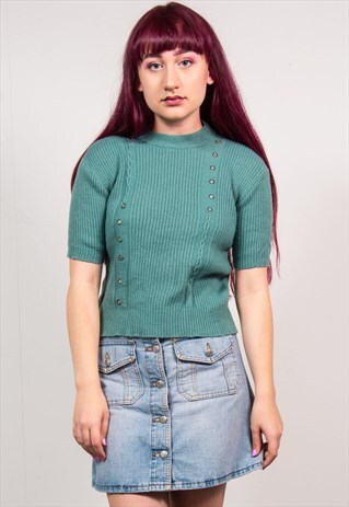 VINTAGE 70'S PASTEL GREEN KNIT RIBBED HIGH NECK TOP
