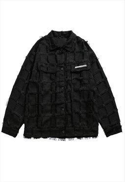 Shredded denim jacket raw finish textured jean bomber black