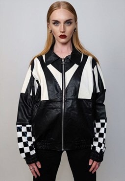 Faux leather motor sport jacket F1 racing jacket check print