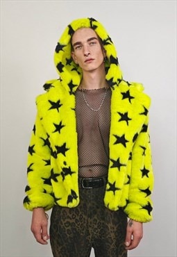 Star print coat yellow fauxfur geometric hooded crop bomber 