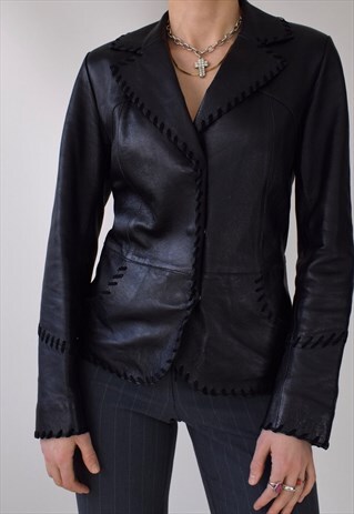 GORGEOUS SOFT BLACK LEATHER VINTAGE BLAZER JACKET 6-8