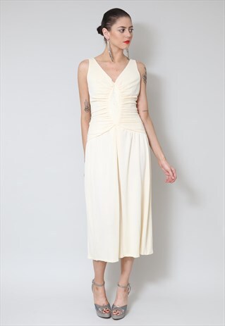 70's Cream Vintage Evening  Dress Slinky Grecian Studio 54