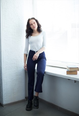 VINTAGE 70'S NAVY FLARE RING DETAIL TROUSERS