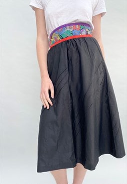 70's Ladies Vintage Black Cotton Floral Waistband Midi Skirt