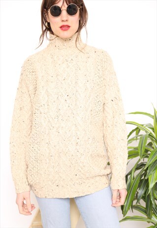 VINTAGE 90S BROWN WOOL ARAN CABLE KNIT JUMPER